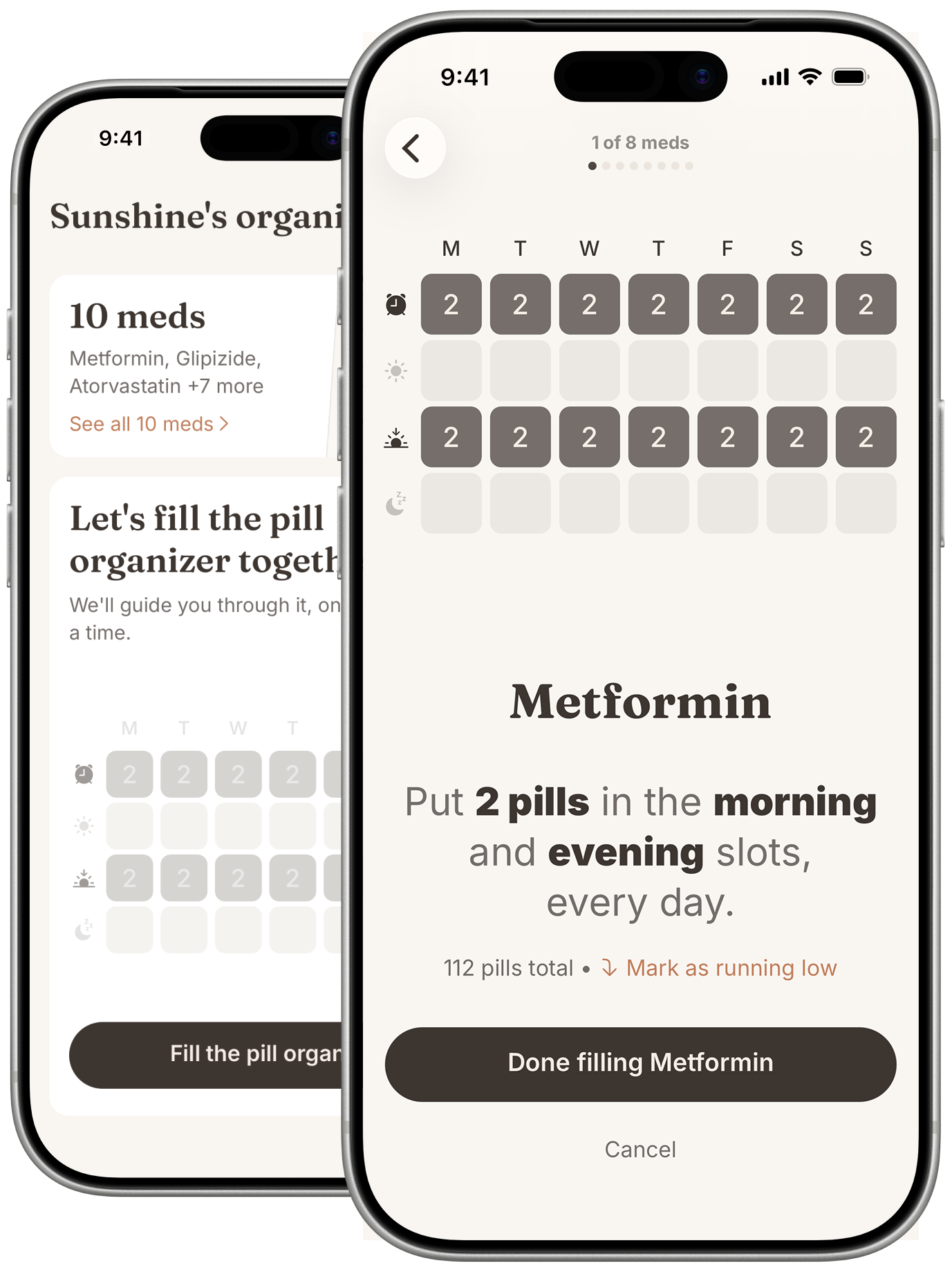 With app showing the medication list and organizer overview
