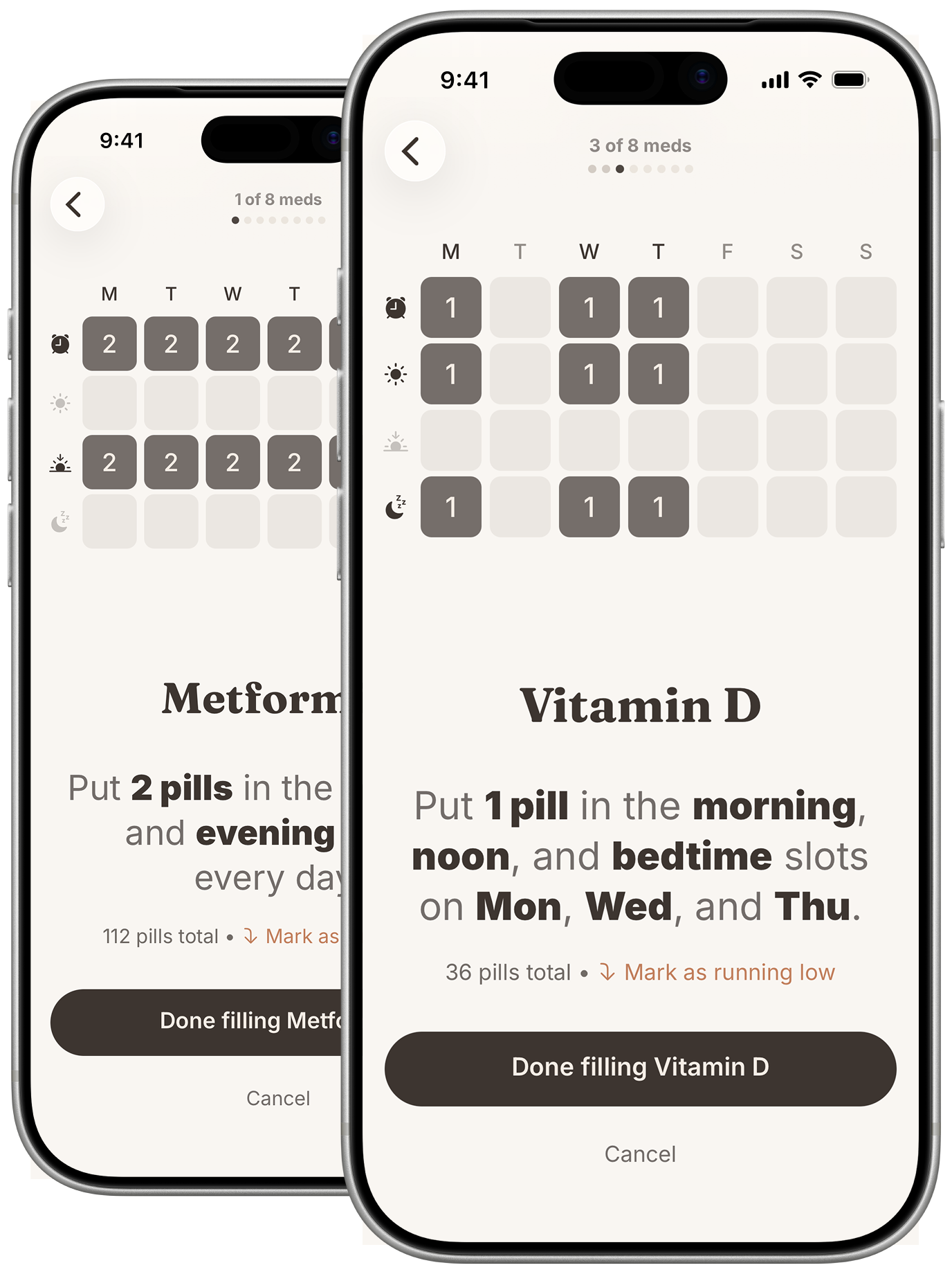 With fill flow – medication and amount for the pill organizer