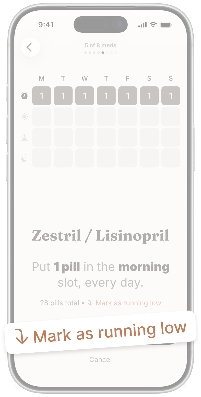 With medication list with Mark as running low and Mark as restocked